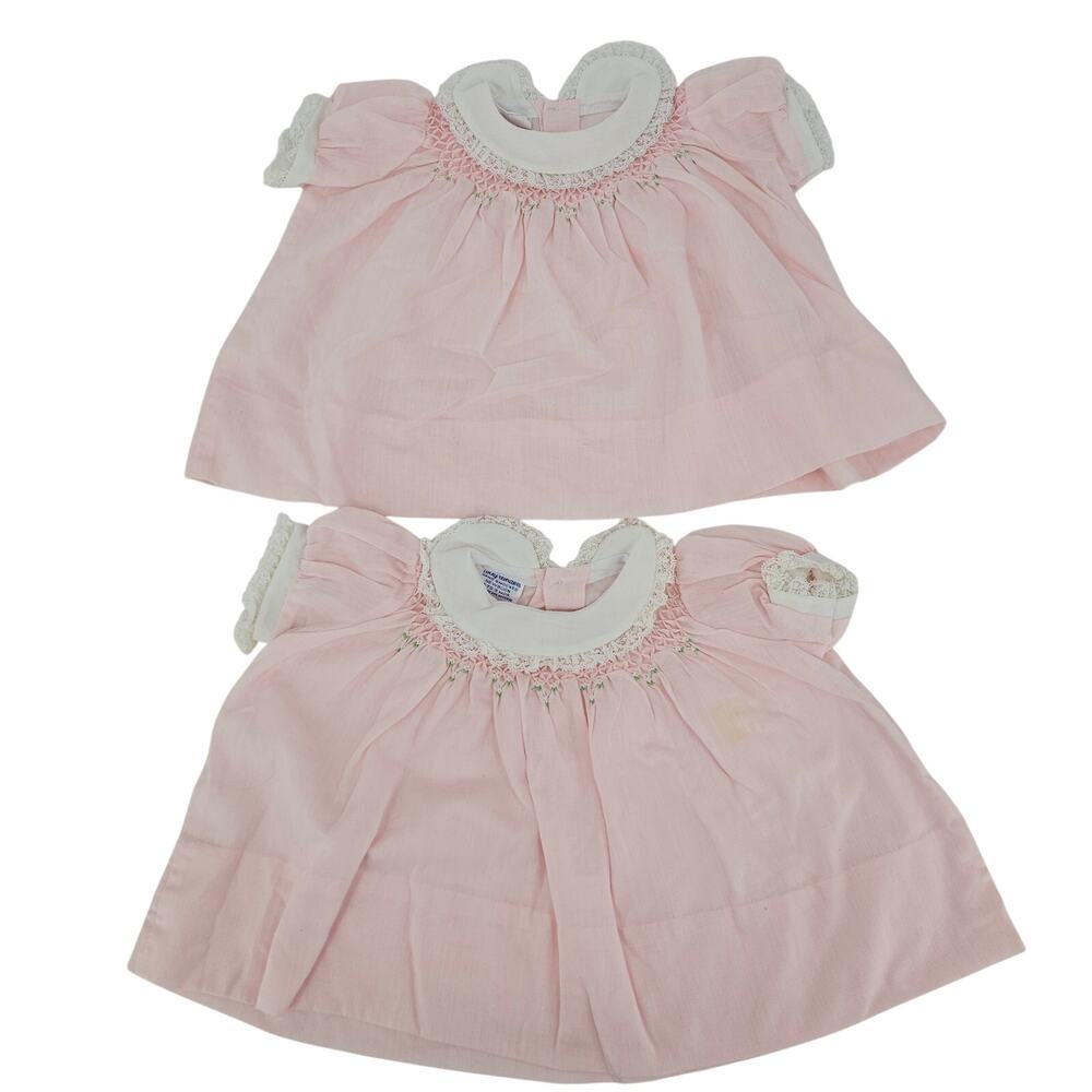 Vintage Polly Flinders Pink Lace Ruffle Frilly Smocked Dresses TWINS NB 0-3 mo